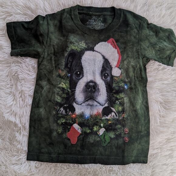 The Mountain Other - Unisex Christmas Boxer Puppy Kids Green Tie Dye Shirt Santa Hat Small